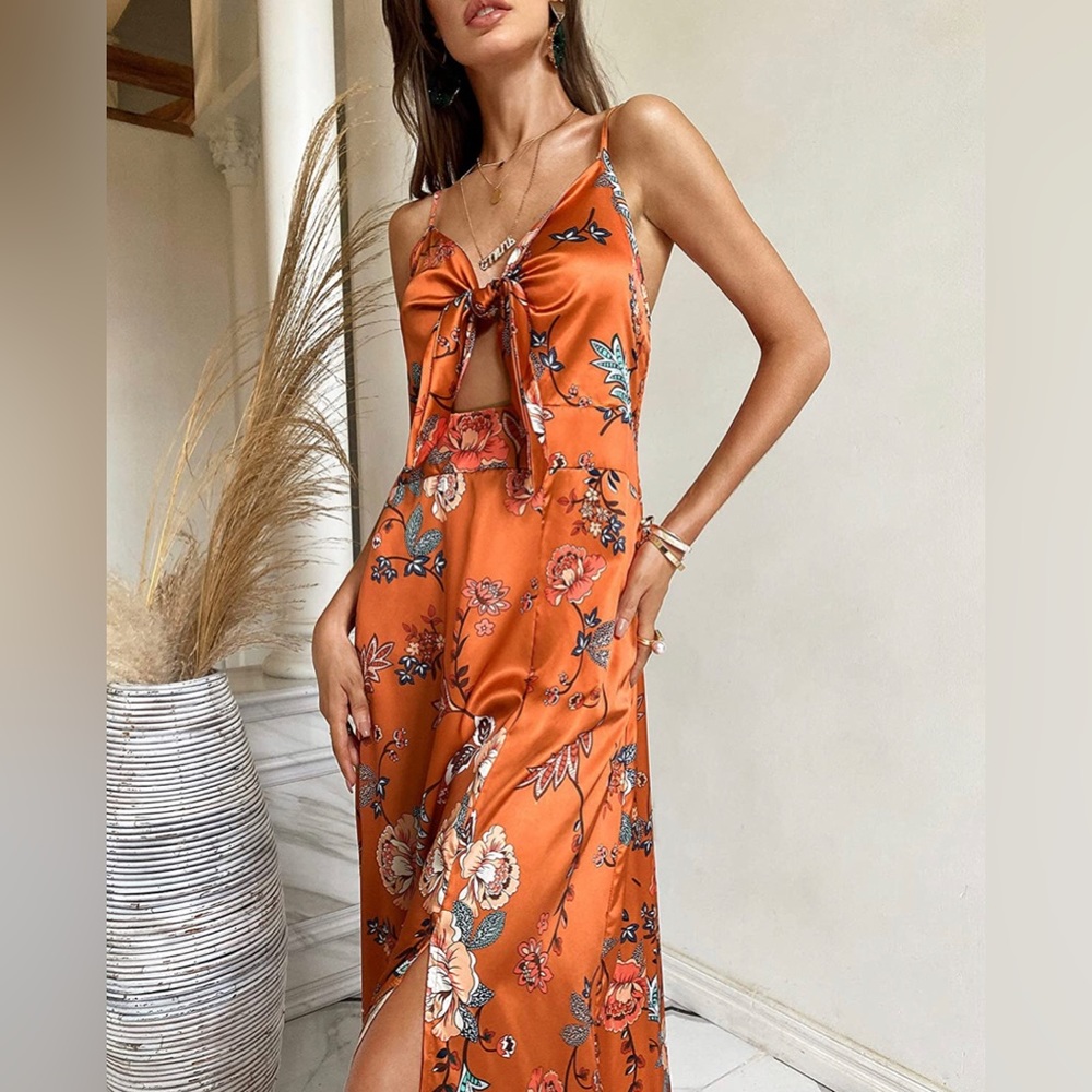 Women Spaghetti Strap Midi Satin Dresses Tie Front. Size small.